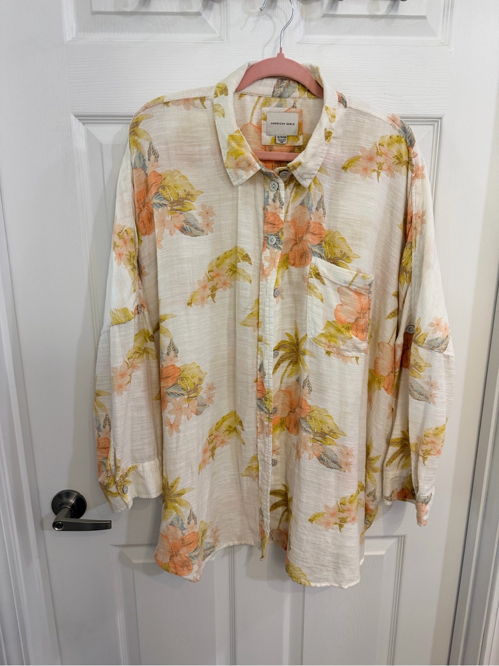 Madewell Cream Button-Down Shirt with Peach & Yellow Floral Print